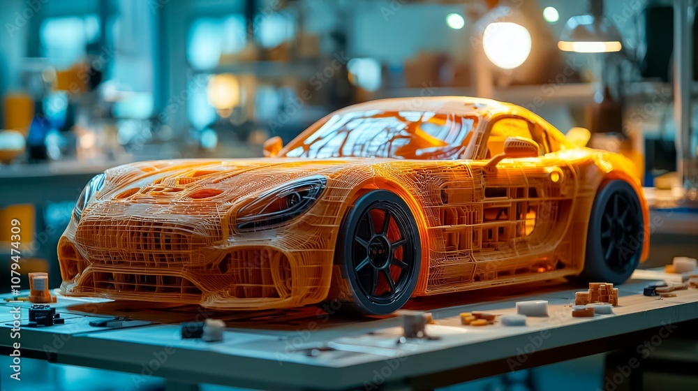 An intricate orange scale model of a sports car displayed in a well-lit design workshop, showcasing the fusion of creativity and engineering during the afternoon hours An intricate orange scale model of a sports car displayed in a well-lit design workshop, showcasing the fusion of creativity and engineering during the afternoon hours