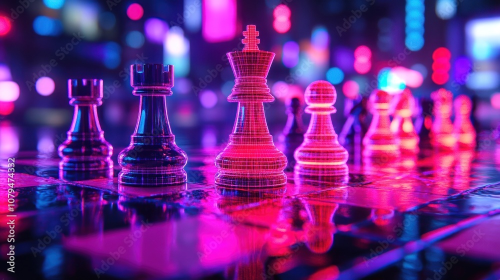 Chess pieces with neon glow on a reflective board.