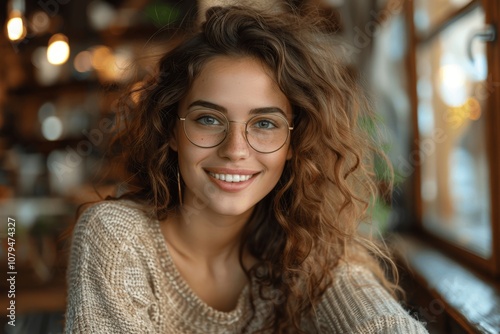 Happy young woman with curly brown hair wearing glasses and beige sweater working on laptop at desk in natural light