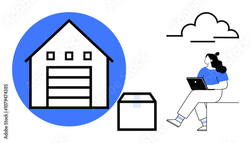 Person seated with laptop, large warehouse icon, package, and cloud. Ideal for logistics, inventory, supply chain, ecommerce, technology, remote work, business planning. Line metaphor