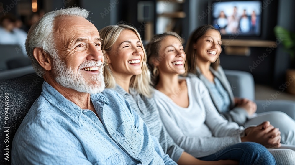 Obraz premium Multi-Generational Family Enjoys Hilarious Movie Night, Sharing Laughter and Quality Time on Couch