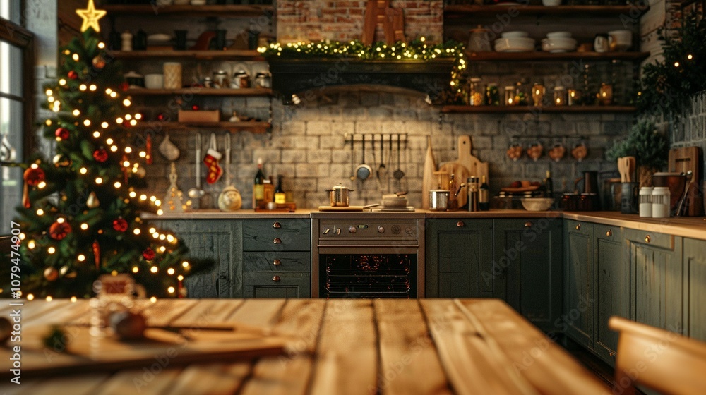 A Decorated Christmas Tree in a Rustic Kitchen A Decorated Christmas Tree in a Rustic Kitchen