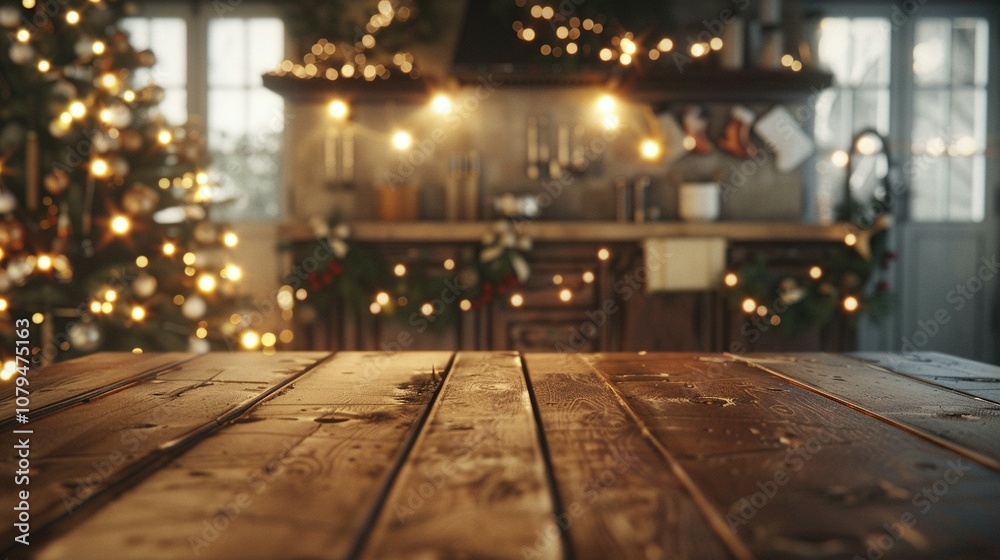 Wooden Tabletop with Blurred Christmas Background Wooden Tabletop with Blurred Christmas Background