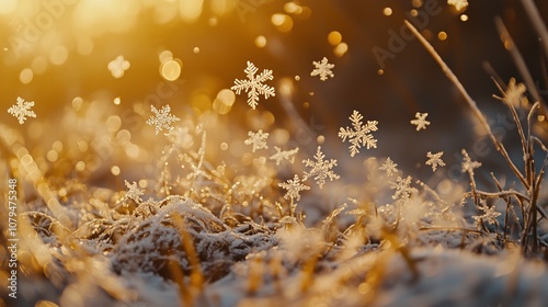 close up of a faling snowflakes float gently through the air, winter air, sunlight, Golden bokeh - Generative AI	
 photo