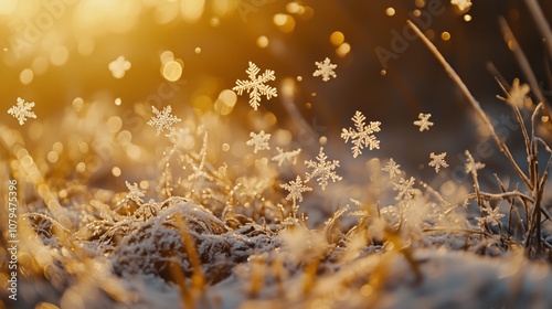 close up of a faling snowflakes float gently through the air, winter air, sunlight, Golden bokeh - Generative AI	
 photo