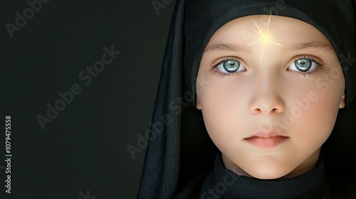 A serene halflength portrait of a young nun, exuding grace against a striking black backdrop, perfect for heartfelt notes. photo