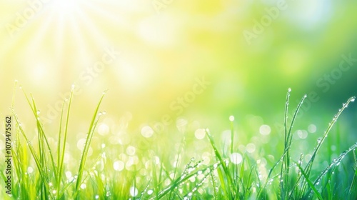 Vibrant green grass with dew drops under bright sunlight