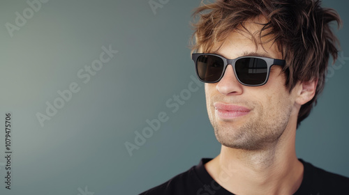 Stylish young man in shades leaning against a textured wall, exuding a relaxed vibe and confident smile.