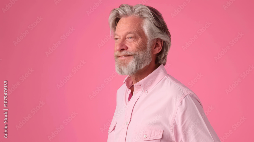 A stylish senior man in an elegant shirt, exuding confidence with a calm smile against a soft pink backdrop. A stylish senior man in an elegant shirt, exuding confidence with a calm smile against a soft pink backdrop.