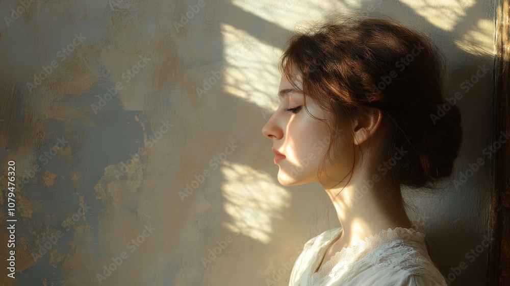 Fototapeta premium Young woman in profile illuminated by soft natural light