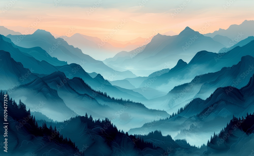 Obraz premium Misty Mountain Silhouette Landscape Banner in Blue Green Gradient