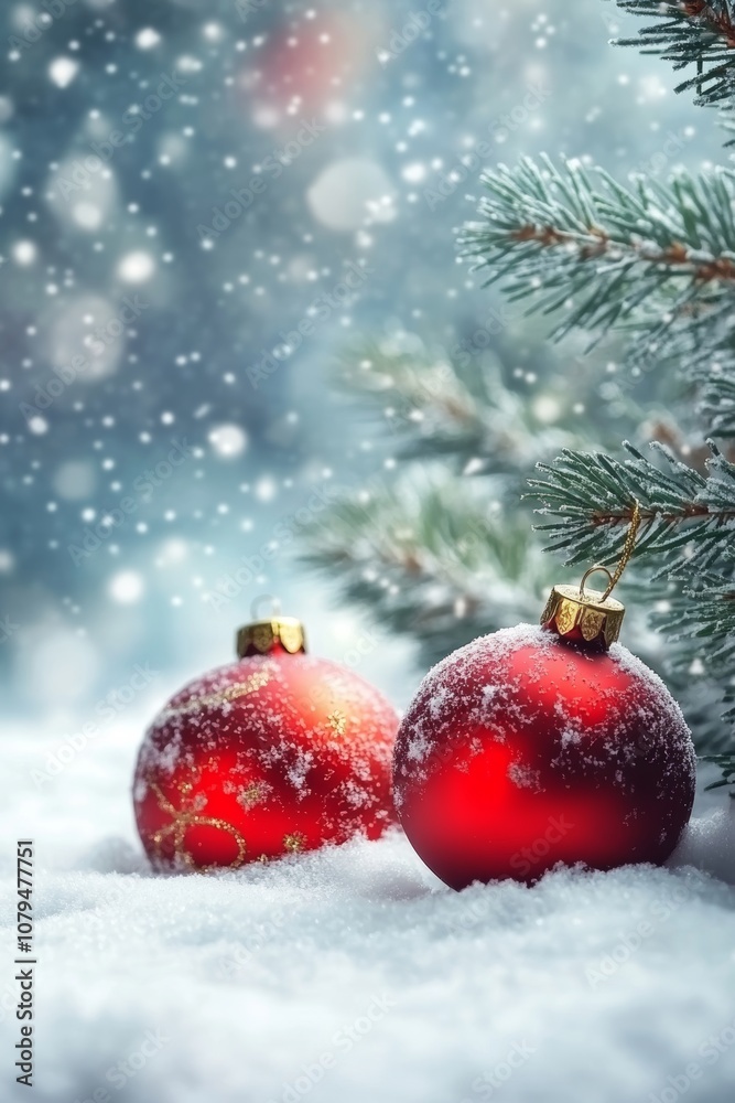 Two red Christmas ornaments resting on a snowy surface, capturing the festive spirit of winter holidays. Two red Christmas ornaments resting on a snowy surface, capturing the festive spirit of winter holidays.