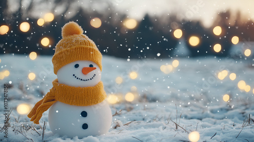 Funny snowman in stylish hat and yellow scalf on snowy field. Merry Christmass and happy New Year! photo