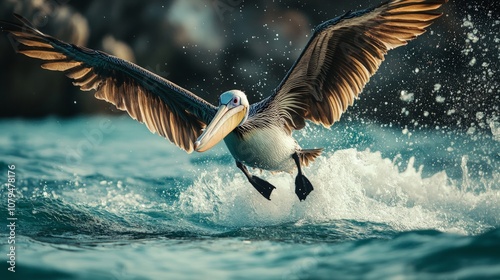 Tropical Seabird in Dynamic Dive, vibrant bird soaring into the ocean depths, wings fully extended, splashes of water highlighting its swift hunt for fish beneath the surface photo