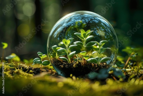 Glass Sphere with Growing Plants in Forest for Environmental Protection and Sustainability Awareness photo