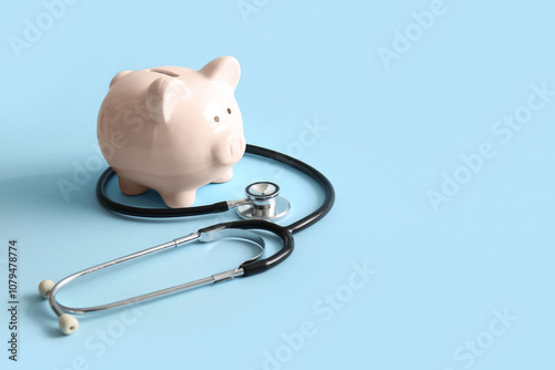 Piggy bank and stethoscope on blue background. Health insurance concept