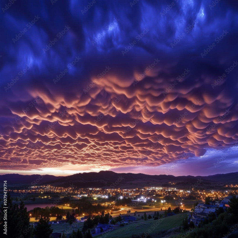 Obraz premium Glowing Mammatus Clouds Above Vibrant Cityscape