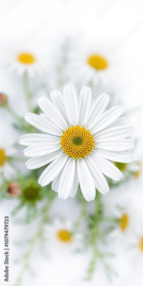 Obraz premium Common white daisy flower isolated on a white background with delicate petals and bright yellow center, white background, nature, yellow center
