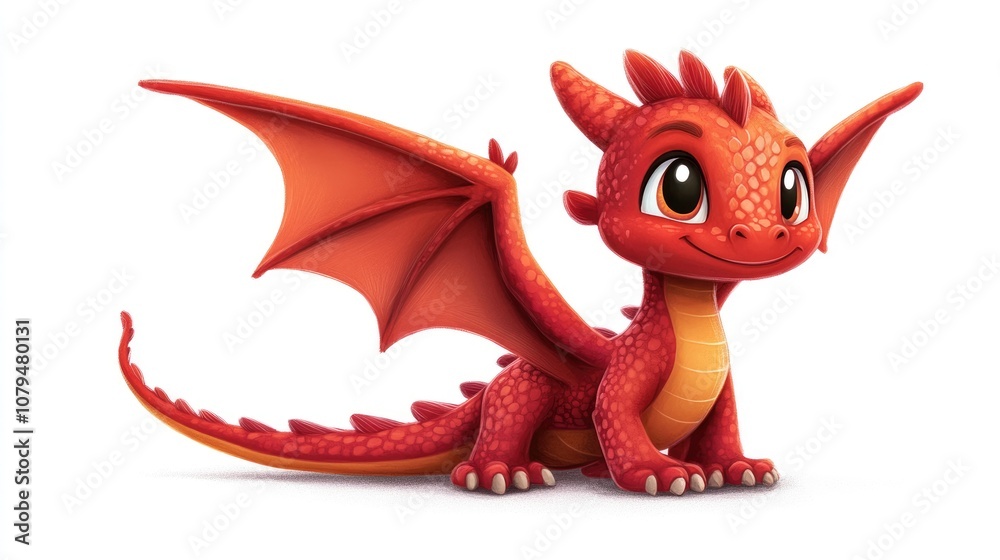 Fototapeta premium Adorable cartoon baby dragon in vibrant red set against a clean white backdrop