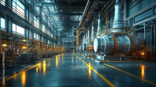 Industrial facility with large machinery and pipes in a modern setting.