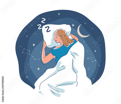 Woman dream at night. Young girl lies on pillow under blanket against background of starry sky. Recuperation and rest, relaxation. Correct daily routine. Linear vector illustration
