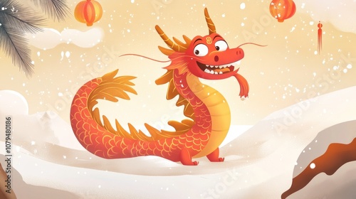 Festive greeting design for the New Year featuring a cartoon dragon character