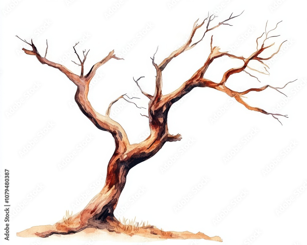 Artistic watercolor depiction of a twisted dead tree on an isolated background. Artistic watercolor depiction of a twisted dead tree on an isolated background.
