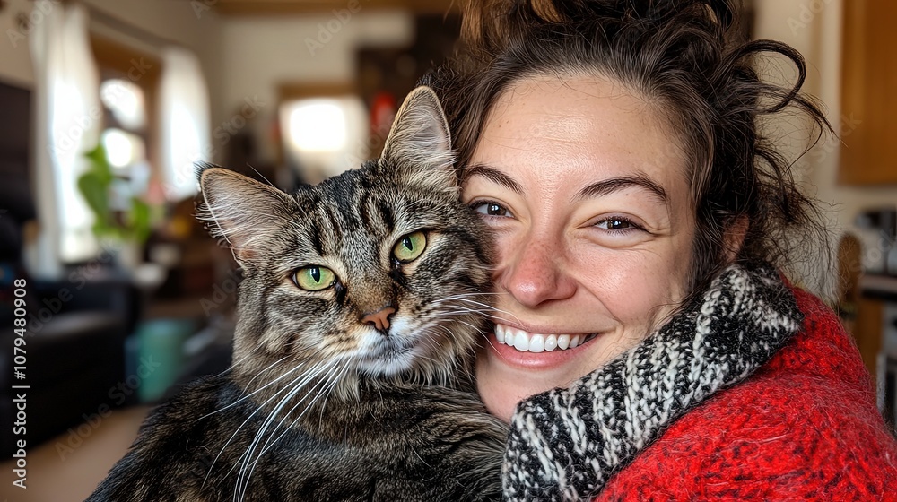 Cute Cat Nuzzling Woman’s Cheek in Cozy Indoor Setting for Joyful Bond