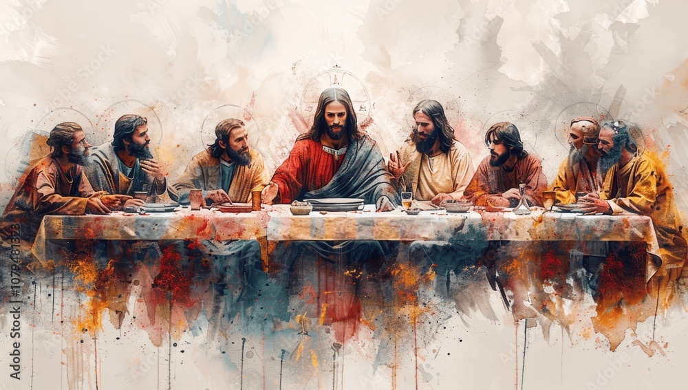 Watercolor Painting of Jesus and Disciples at the Last Supper, Cloudy Sky Background, Realistic Biblical Illustration