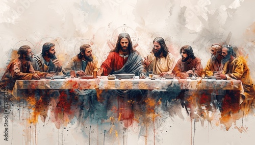 Watercolor Painting of Jesus and Disciples at the Last Supper, Cloudy Sky Background, Realistic Biblical Illustration photo