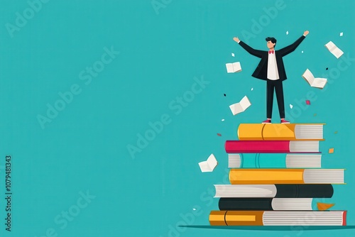 Student celebrates academic achievement by standing triumphantly on a stack of books symbolizing success and knowledge photo