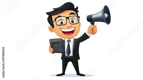 2D cartoon illustration of a cheerful Asian businessman holding a speaker and announcing with his hand raised set against a white background Ideal for business advertising concepts