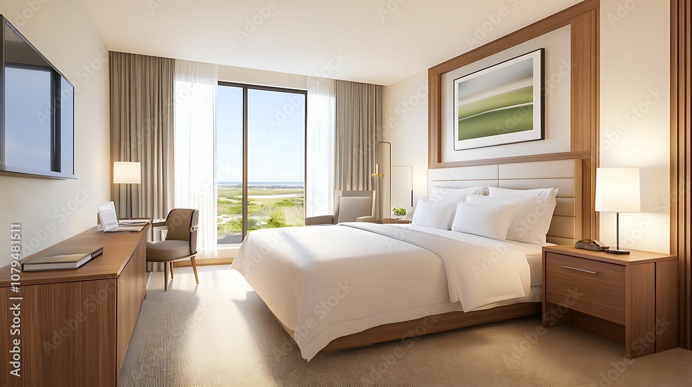 A modern hotel room featuring a double bed, bedside lamps, a desk, and large windows offering scenic views. A modern hotel room featuring a double bed, bedside lamps, a desk, and large windows offering scenic views.