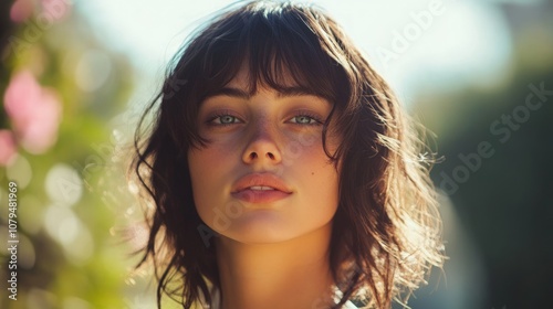 Vintage-inspired shag haircut on a woman, featuring curtain bangs and textured layers, exuding a retro aesthetic and timeless style.