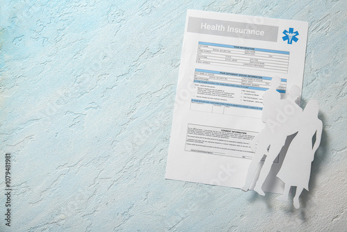 Family silhouette and health insurance form on white grunge background