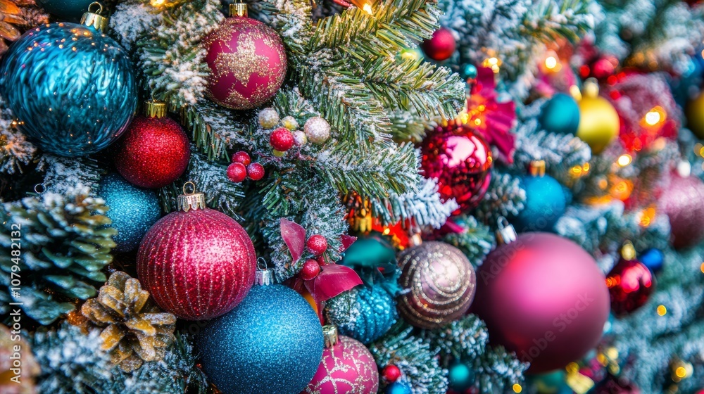 A close-up of a Christmas tree adorned with colorful ornaments, twinkling lights and shimmering tinsel. A close-up of a Christmas tree adorned with colorful ornaments, twinkling lights and shimmering tinsel.