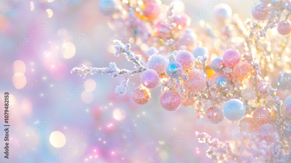 A snow-covered branch adorned with small, frosty balls, creating a delicate winter scene against a crisp, white backdrop. A snow-covered branch adorned with small, frosty balls, creating a delicate winter scene against a crisp, white backdrop.