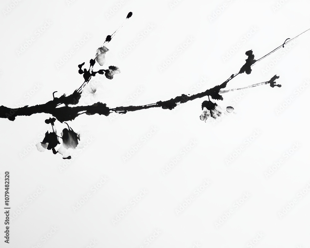 Black ink branch with delicate blossoms on a white isolated background. Black ink branch with delicate blossoms on a white isolated background.