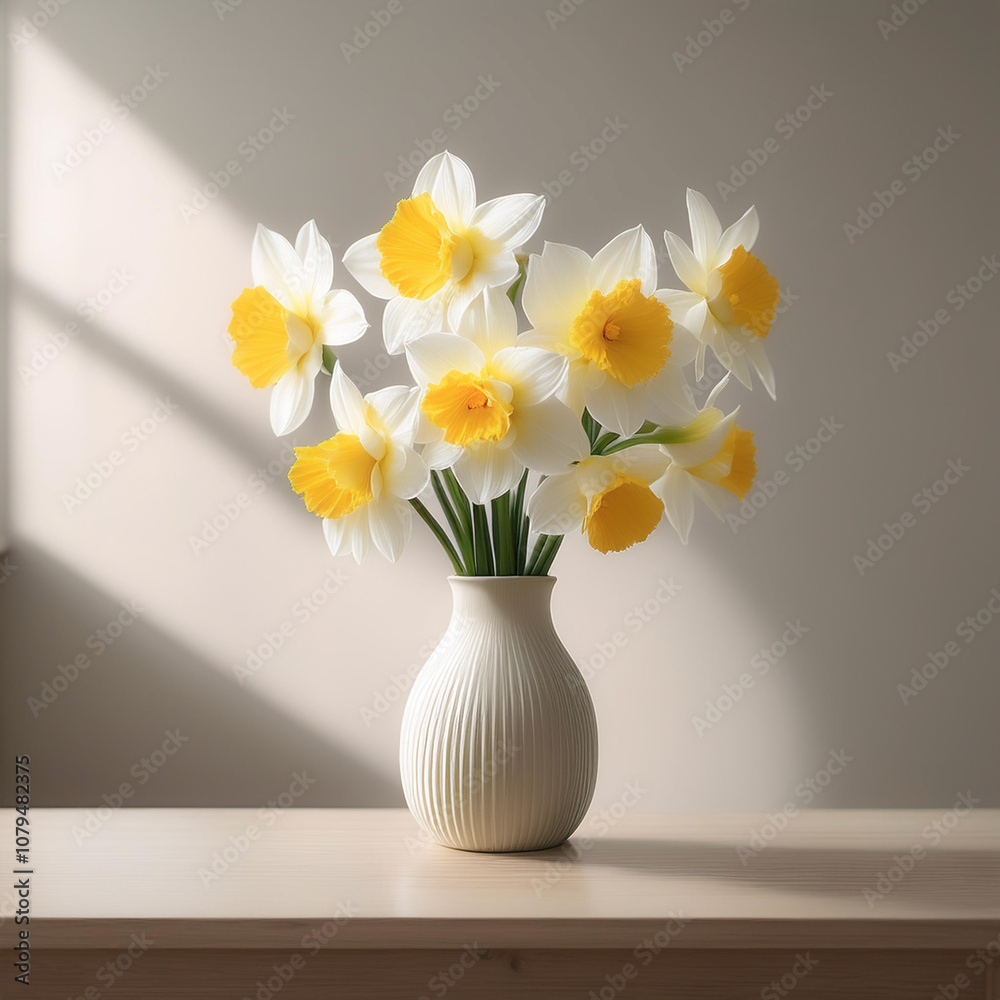 Fresh Daffodil flowers in a simple vase on a table with a minimalist background Fresh Daffodil flowers in a simple vase on a table with a minimalist background
