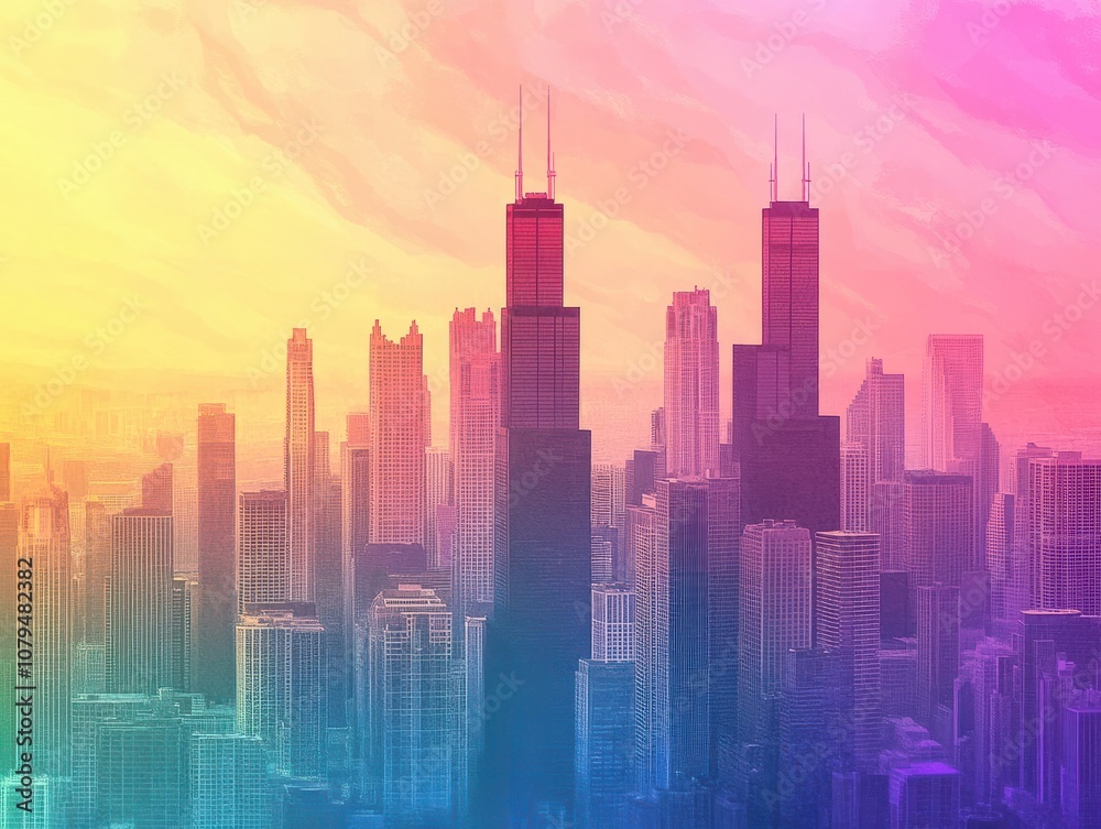 Fototapeta premium Colorful rainbow gradient skyline of Chicago cityscape illustration