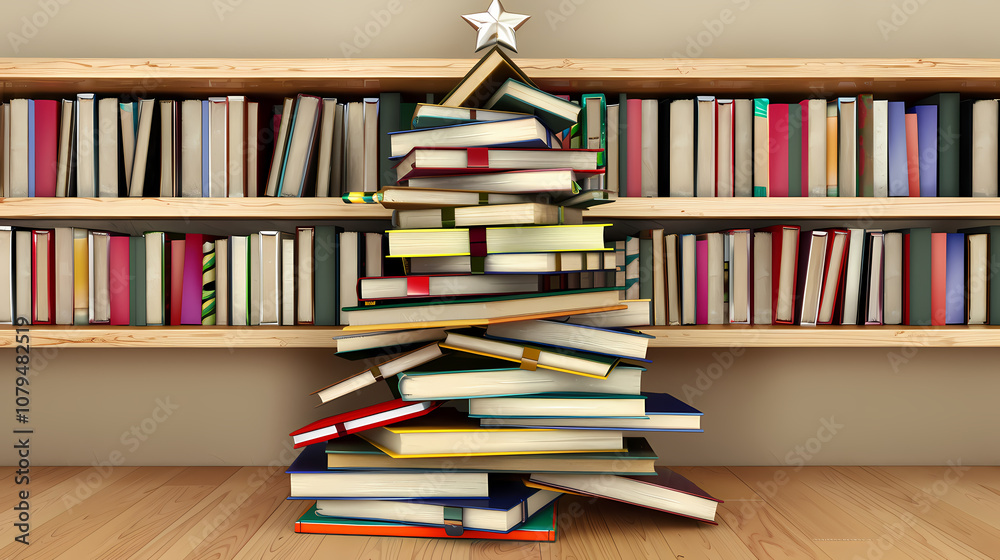 Books arranged on a shelf shaped like a Christmas tree Books arranged on a shelf shaped like a Christmas tree