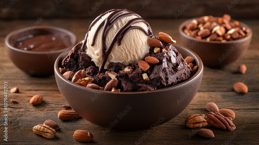 Chocolate brownie sundae with vanilla ice cream, chocolate sauce and almonds. Chocolate brownie sundae with vanilla ice cream, chocolate sauce and almonds.