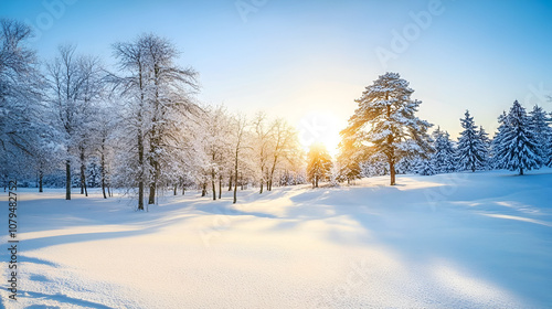 Fantastic winter landscape panorama in snowy mountains glowing by evening sunlight. Dramatic wintry scene with frozen snowy trees at sunset. Christmas holiday background