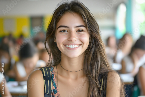 young latin student woman with backpack in a classroom looking at the camera