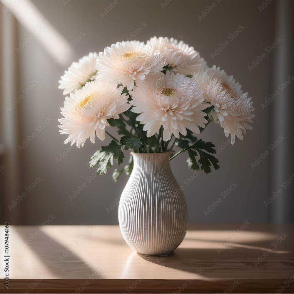 Fresh Chrysanthemum flowers in a simple vase on a table with a minimalist background Fresh Chrysanthemum flowers in a simple vase on a table with a minimalist background