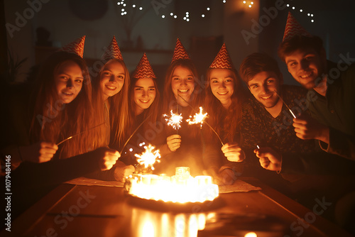 Men and women are having fun playing with sparklers at a New Year's Eve countdown party in a bar. photo