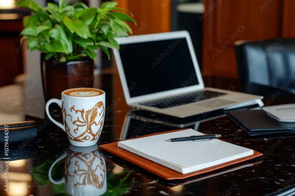 A close-up of a desk with a laptop, coffee mug, and notebook, symbolizing a busy work environment A close-up of a desk with a laptop, coffee mug, and notebook, symbolizing a busy work environment