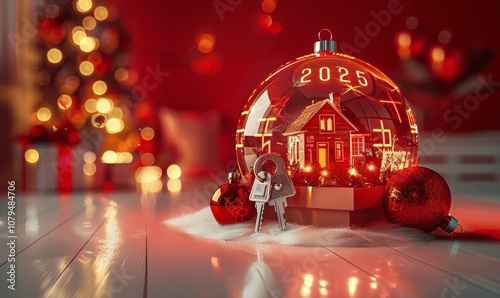 2024 Golden Number with Red Background, Snow Globe, House, Keys, Gift Box, Minimalistic Style, Red Lighting, High Resolution Photo photo