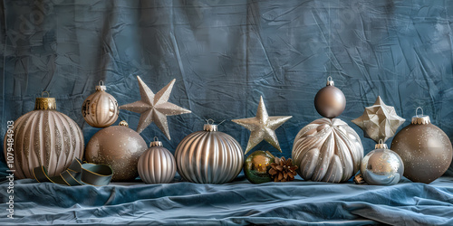 Various ornaments placed on a blue fabric. photo