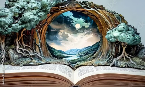 An incredible open book with pages that portal to a fantasy world.